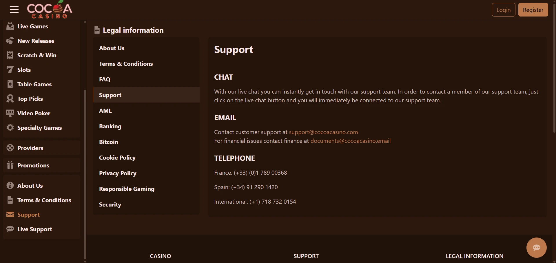 Cocoa contact options shown on the support page