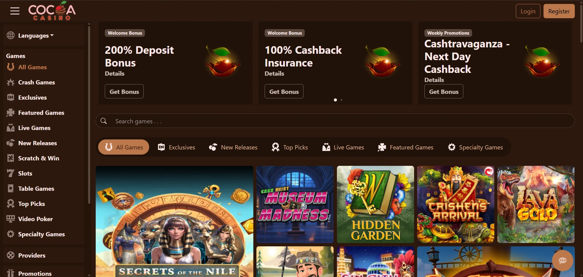 Cocoa home page as it appears on a first visit, before logging in